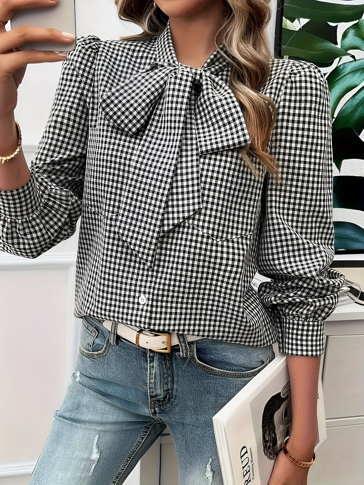 Blusa De Manga Larga Con Estampado De Cuadros Y Detalle De Lazo Para Mujer | Ideal Para Uso Diario O Profesional