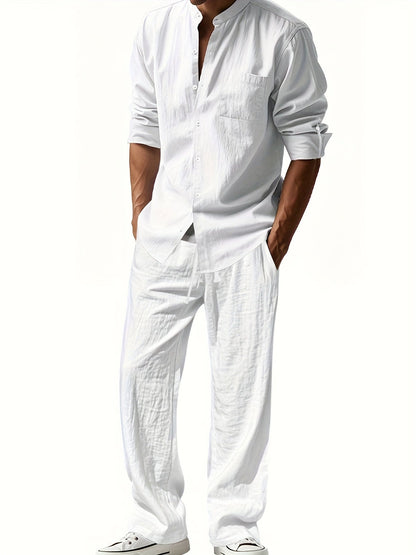 Conjunto de Dos Piezas con Camisa de Cuello Mao y Pantalón con Cintura Ajustable para Hombre | Ideal para Uso Diario