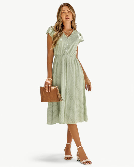 Vestido Midi Con Mangas De Volantes Y Cuello En V Para Mujer | Ideal Para Uso Diario