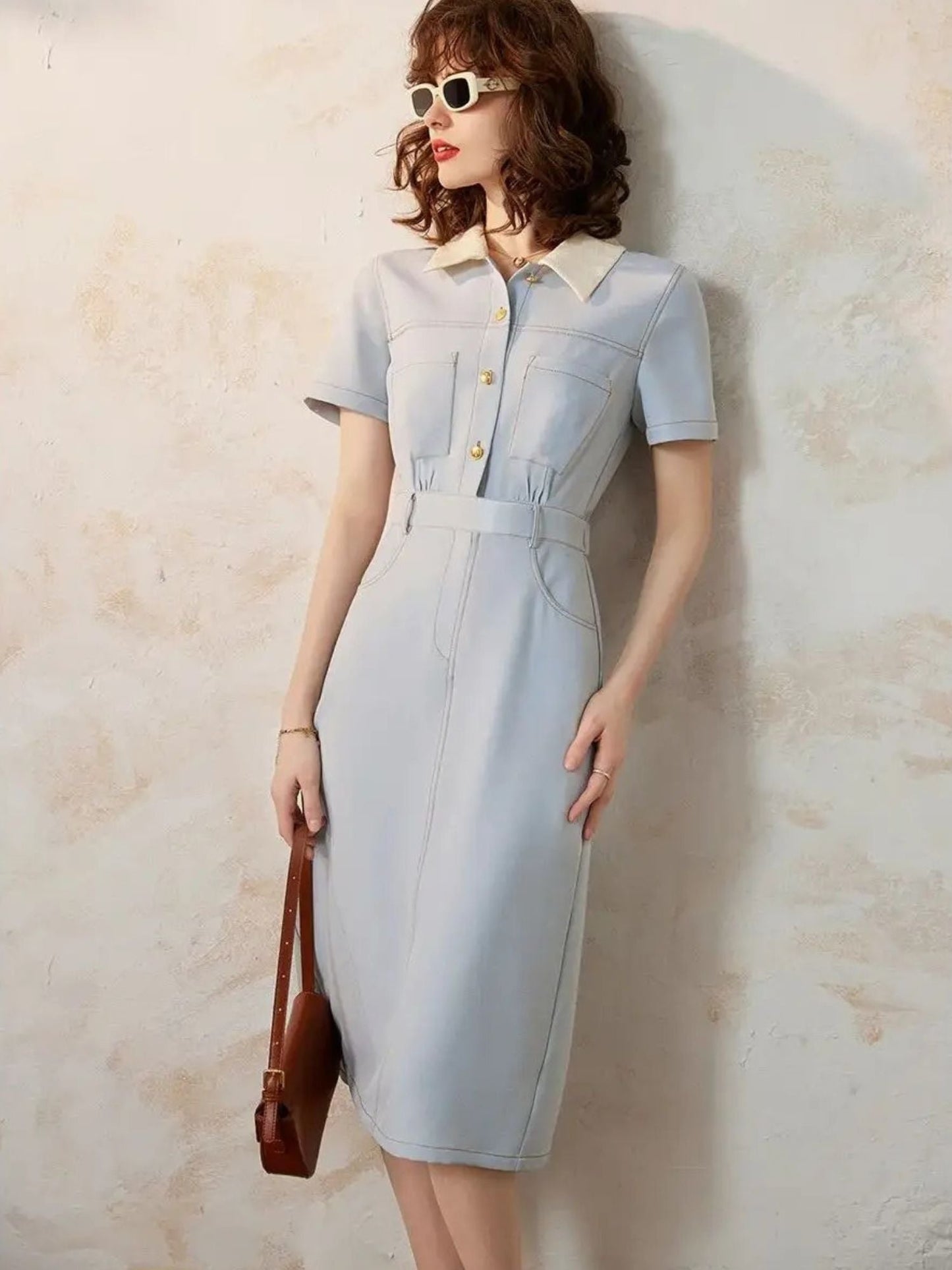 Vestido Camisero Midi con Manga Corta para Mujer | Ideal para Uso Diario y Trabajo
