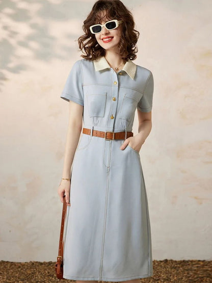 Vestido Camisero Midi con Manga Corta para Mujer | Ideal para Uso Diario y Trabajo