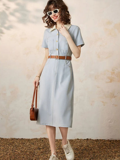 Vestido Camisero Midi con Manga Corta para Mujer | Ideal para Uso Diario y Trabajo