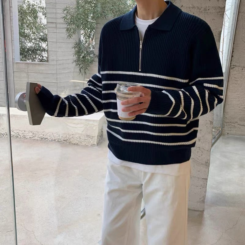 Jersey de Manga Larga con Medio Cierre y Rayas Horizontales para Hombre | Ideal para Uso Diario