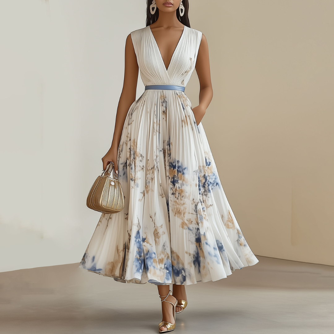 Vestido Midi Con Estructura Plisada Y Cuello En V Para Mujer | Ideal Para Uso Diario Y Ocasiones Semi-formales