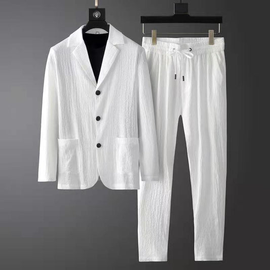 Conjunto de Blazer con Cierre de Dos Botones y Pantalón con Cintura Elástica para Hombre | Ideal para Uso Profesional o Diario