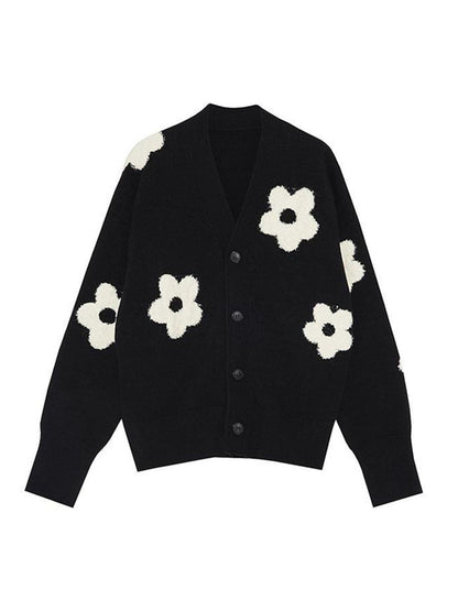 Cárdigan Con Motivo Floral Blanco Sobre Negro Y Corte Oversize Para Mujer | Ideal Para Uso Diario En Temporadas Frescas