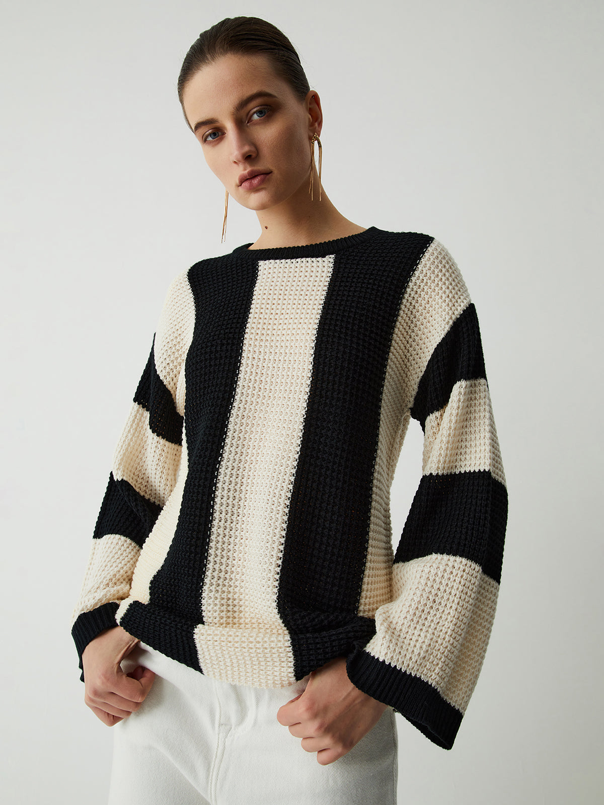 Jersey Con Rayas Verticales Bicolores Y Manga Larga Acampanada Para Adultos | Ideal Para Uso Diario E Informal