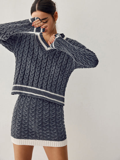 Conjunto de Dos Piezas con Jersey de Cuello en V y Falda Corta para Mujer | Ideal para Salidas Informales o Ciudad