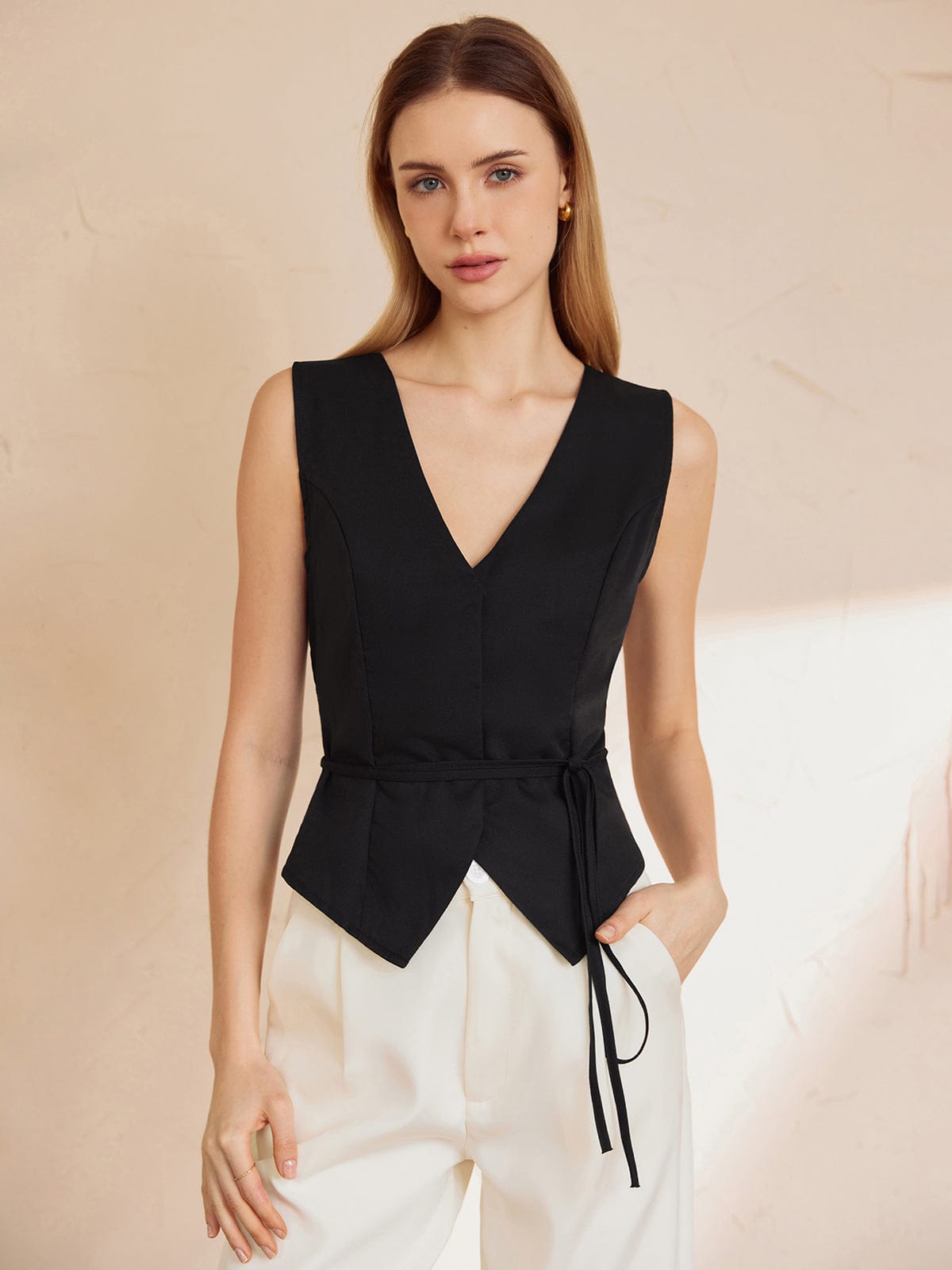 Top Sin Mangas Con Escote En V Y Cintura Ajustable Para Mujer | Ideal Para Uso Diario Y Eventos