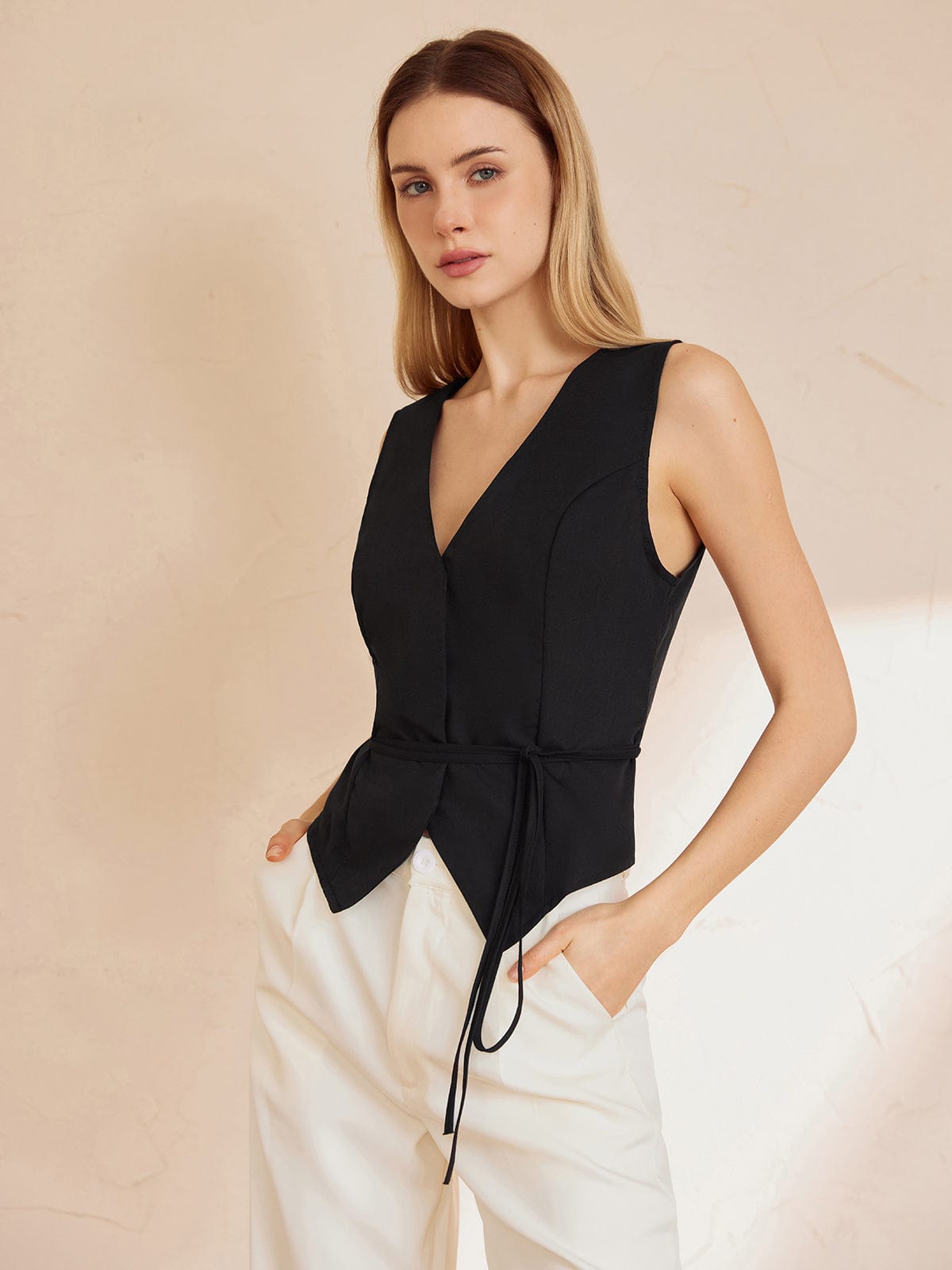 Top Sin Mangas Con Escote En V Y Cintura Ajustable Para Mujer | Ideal Para Uso Diario Y Eventos