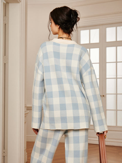 Conjunto De Dos Piezas Con Top De Cuello Contrastante Y Pantalón De Pierna Ancha Para Mujer | Ideal Para Uso Diario