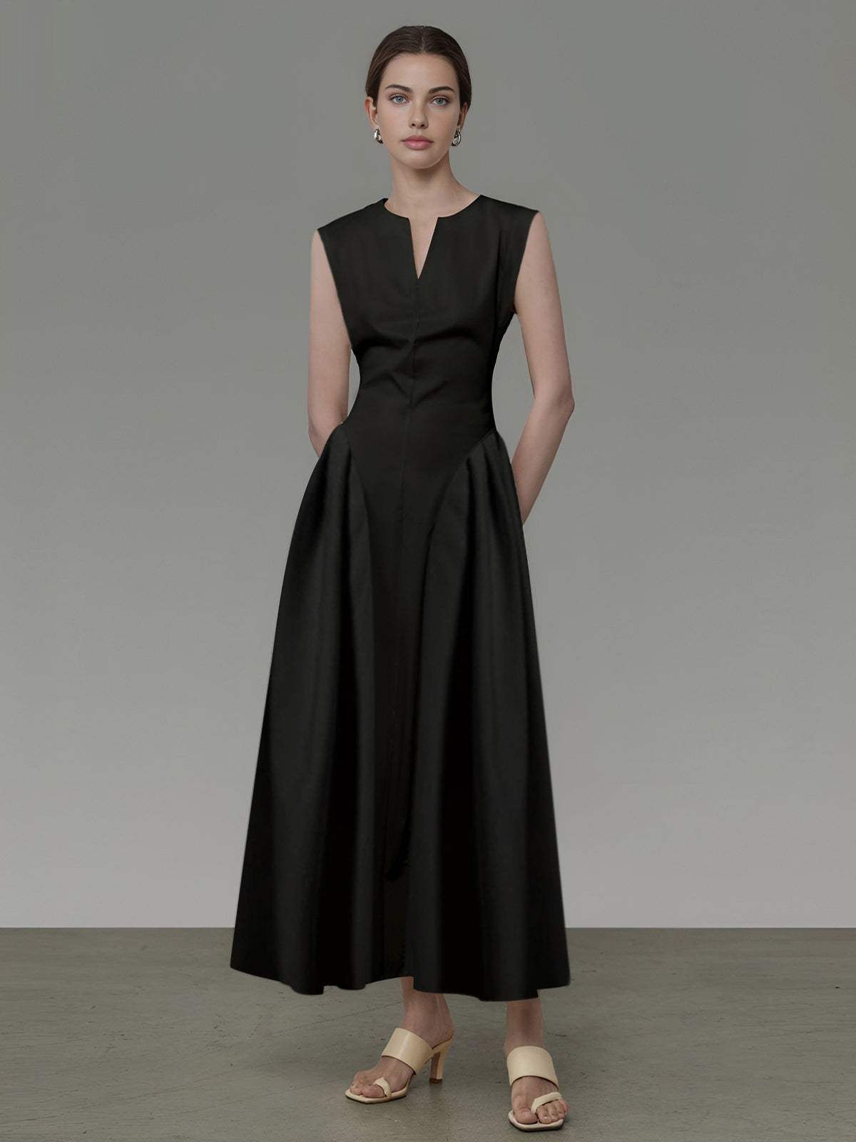 Vestido Midi sin Mangas con Escote en V y Cintura Ajustada para Mujer | Ideal para Eventos Formales
