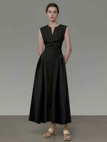 Vestido Midi sin Mangas con Escote en V y Cintura Ajustada para Mujer | Ideal para Eventos Formales
