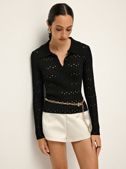 Top De Manga Larga Con Corte Ajustado Y Cuello Polo Para Mujer | Ideal Para Uso Diario