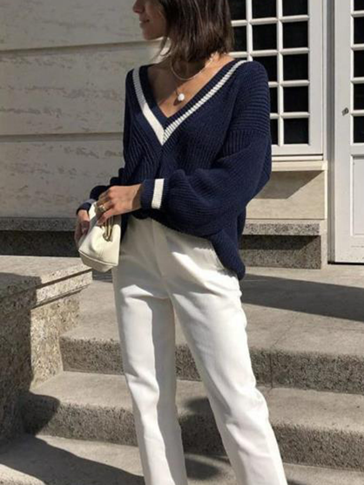 Jersey de Punto con Cuello en Pico y Rayas en Contraste para Mujer | Ideal para Looks Informales