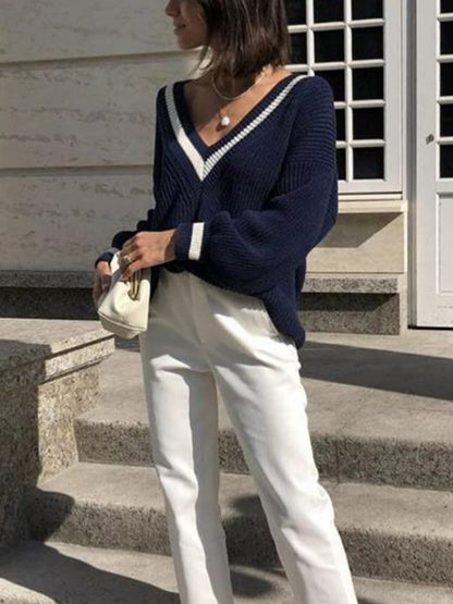 Jersey Con Cuello En V Y Rayas Contrastantes Para Adultos | Ideal Para Uso Diario E Informal