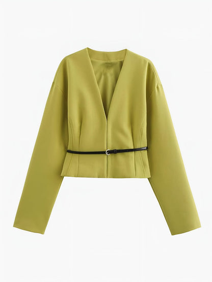 Blazer Corto con Cuello en V y Cinturón Fino para Personas Adultas | Ideal para Uso Profesional y Diario