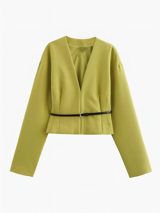 Blazer Corto con Cuello en V y Cinturón Fino para Personas Adultas | Ideal para Uso Profesional y Diario