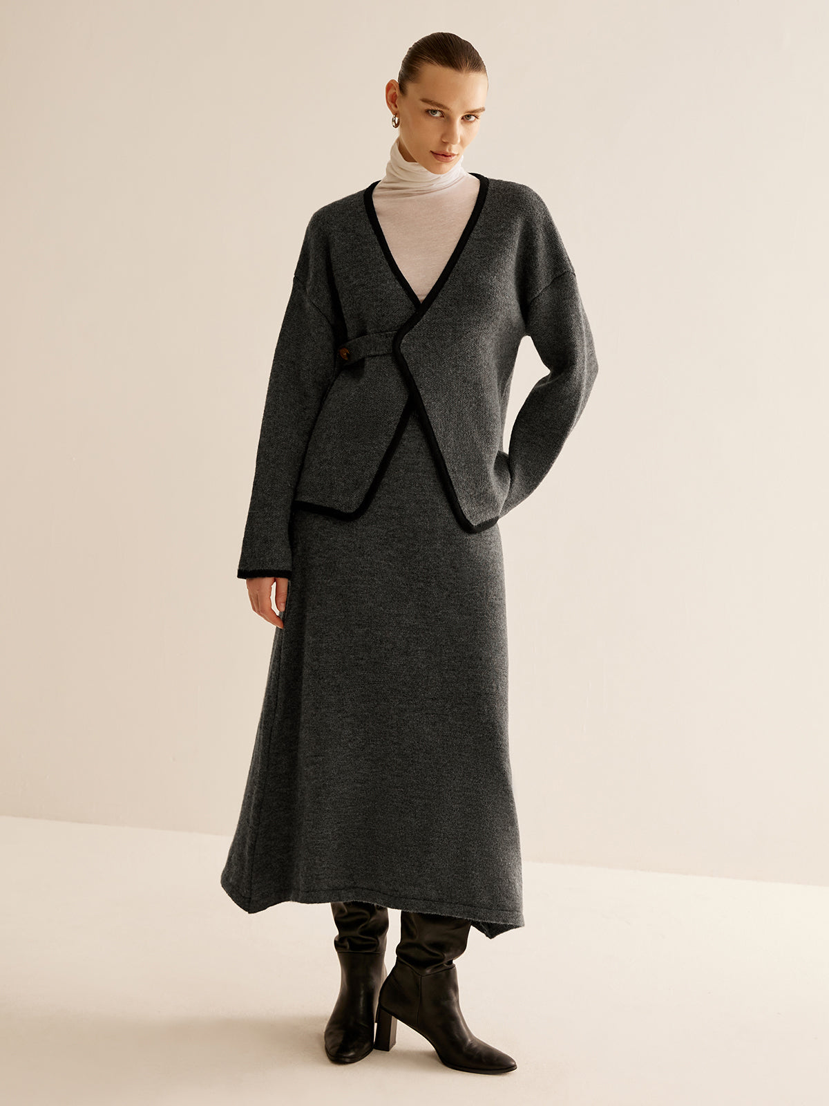 Conjunto de Dos Piezas con Cardigan Cruzado y Falda Larga Recta para Mujer | Ideal para Oficina o Uso en Casa