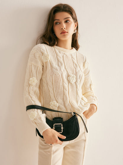 Suéter Con Punto Trenzado Y Flores En Relieve Para Mujer | Ideal Para Uso Diario Y Salidas Informales
