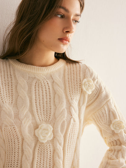 Suéter Con Punto Trenzado Y Flores En Relieve Para Mujer | Ideal Para Uso Diario Y Salidas Informales