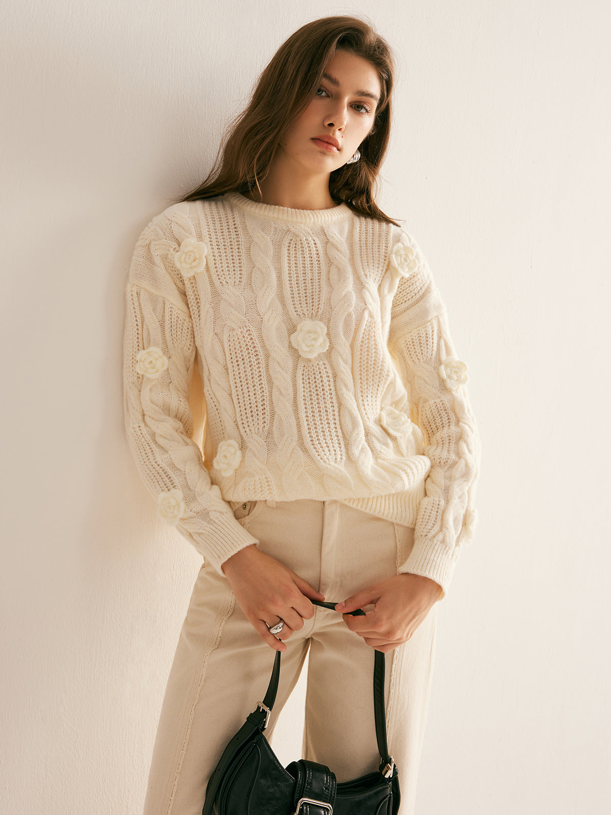 Suéter Con Punto Trenzado Y Flores En Relieve Para Mujer | Ideal Para Uso Diario Y Salidas Informales