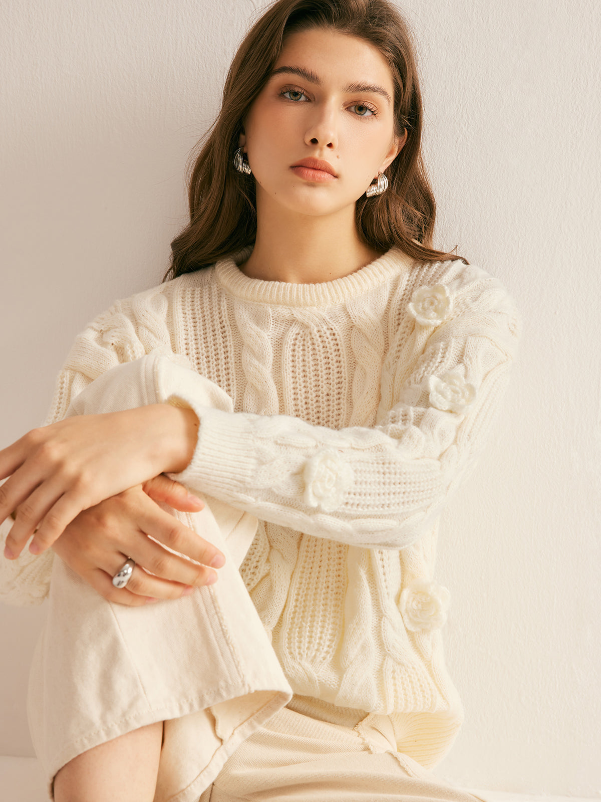 Suéter Con Punto Trenzado Y Flores En Relieve Para Mujer | Ideal Para Uso Diario Y Salidas Informales
