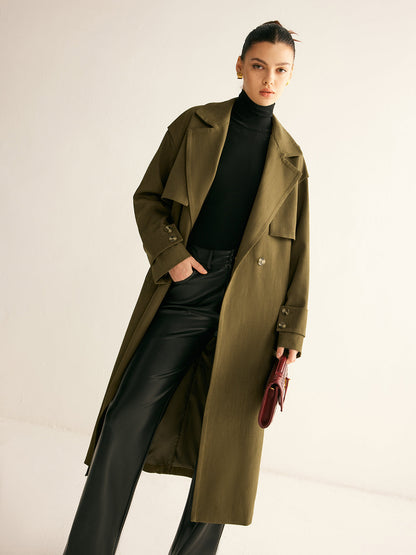Trench Coat Largo Con Doble Botonadura Y Solapas Para Mujer | Ideal Para Entretiempo Y Superposición