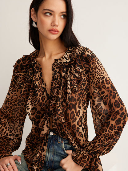 Blusa Con Estampado Leopardo Y Cuello Con Volantes Para Mujer | Ideal Para Actividades Veraniegas Y Uso Diario