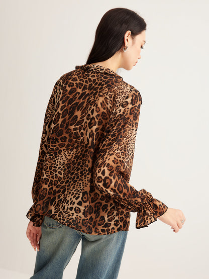 Blusa Con Estampado Leopardo Y Cuello Con Volantes Para Mujer | Ideal Para Actividades Veraniegas Y Uso Diario