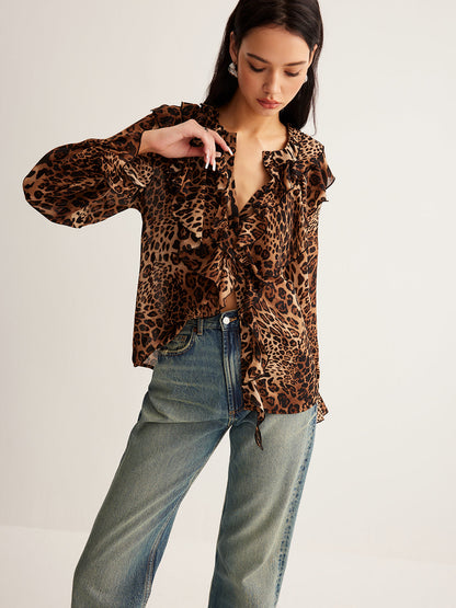 Blusa Con Estampado Leopardo Y Cuello Con Volantes Para Mujer | Ideal Para Actividades Veraniegas Y Uso Diario