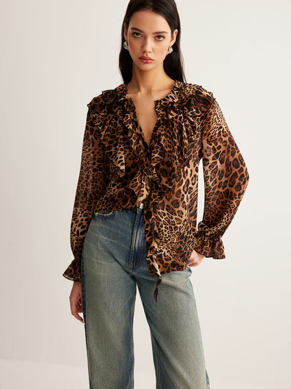Blusa Con Estampado Leopardo Y Cuello Con Volantes Para Mujer | Ideal Para Actividades Veraniegas Y Uso Diario