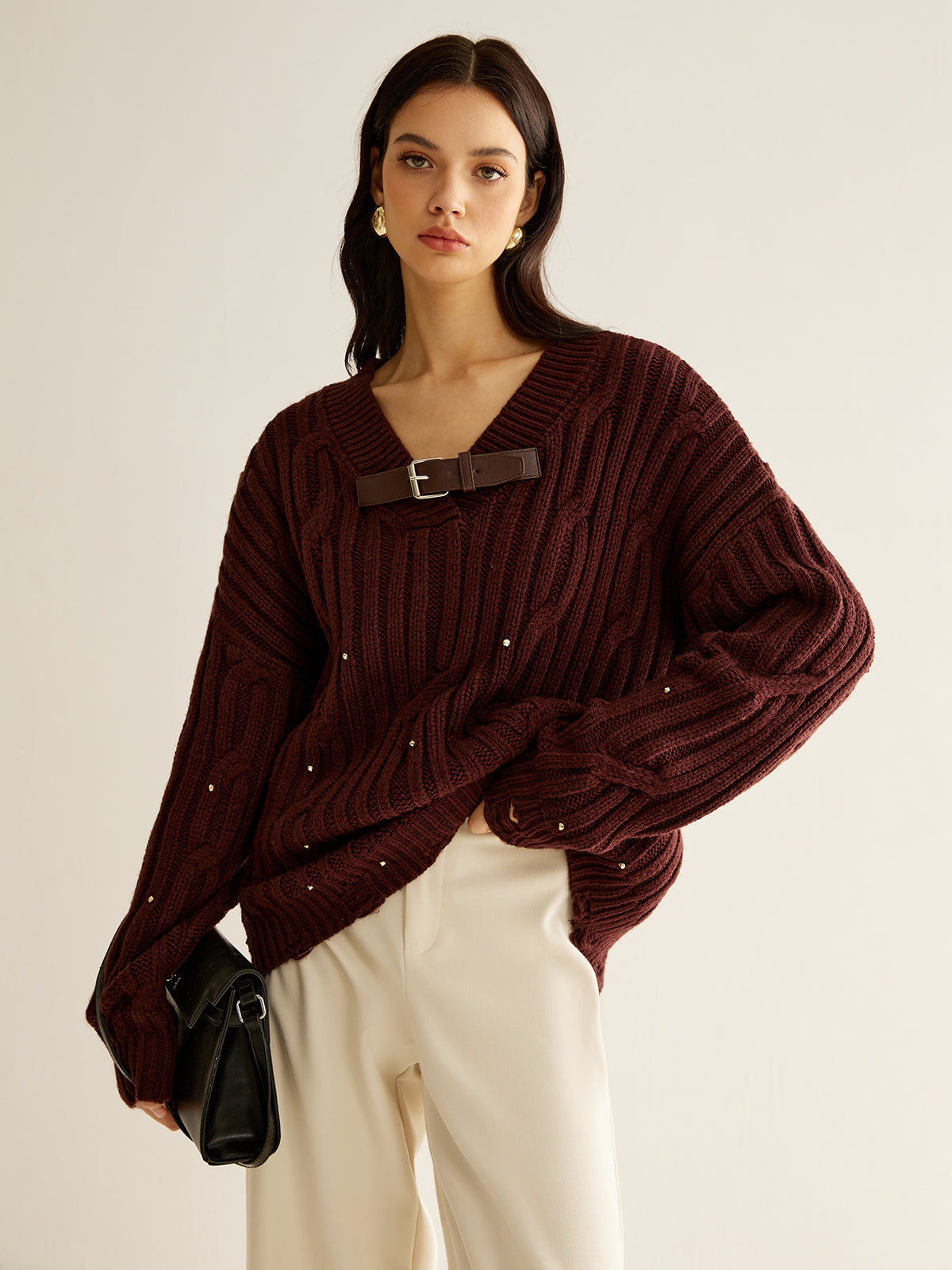 Jersey Oversize Con Cuello En V, Sarga Y Perlas Para Adultos | Ideal Para Uso Diario Informal