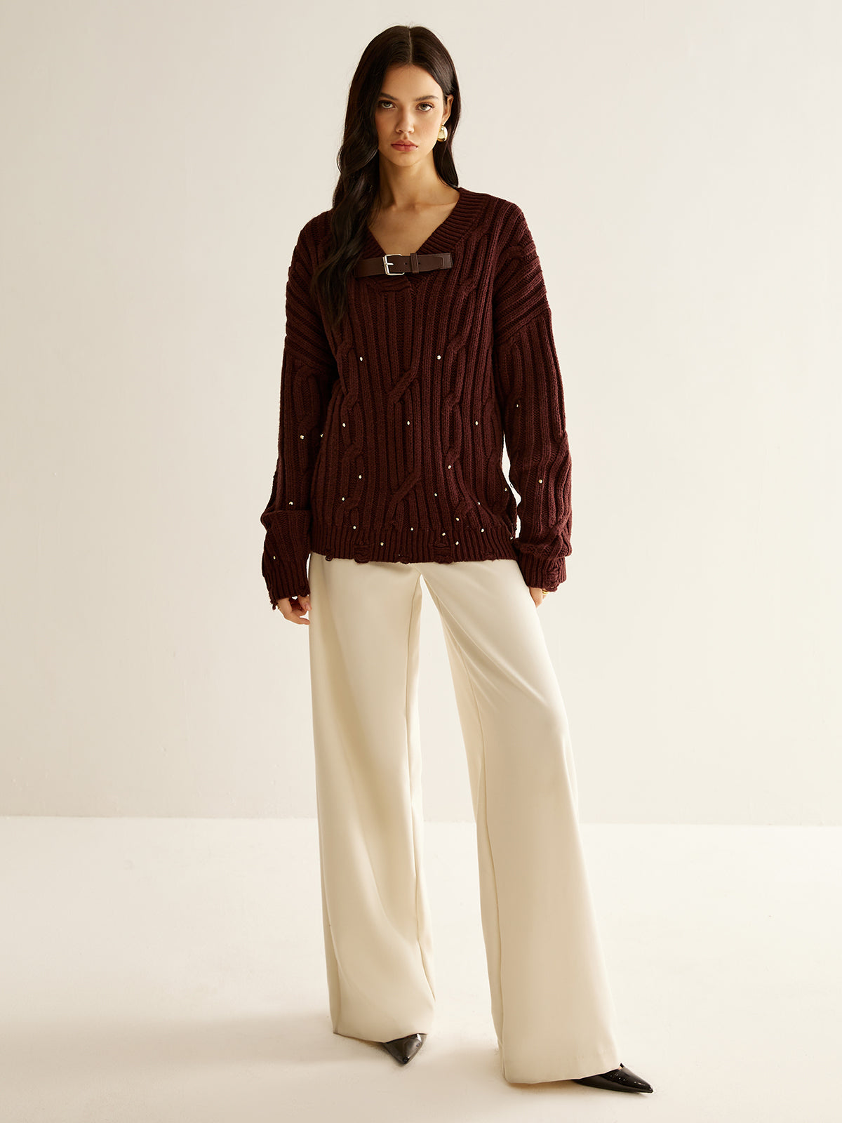 Jersey Oversize Con Cuello En V, Sarga Y Perlas Para Adultos | Ideal Para Uso Diario Informal