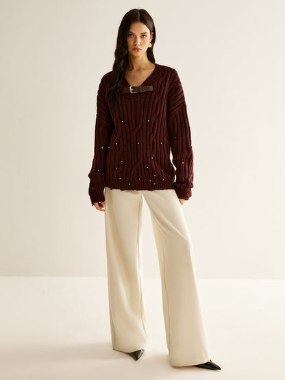 Jersey Oversize Con Cuello En V, Sarga Y Perlas Para Adultos | Ideal Para Uso Diario Informal