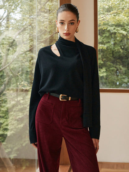 Jersey Negro con Cuello Asimétrico y Bufanda Integrada para Mujer | Ideal para Uso Diario