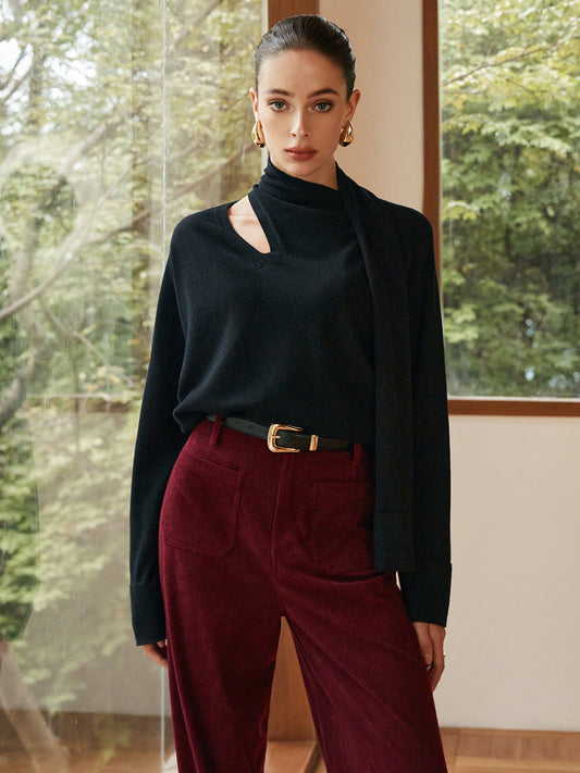 Jersey Negro con Cuello Asimétrico y Bufanda Integrada para Mujer | Ideal para Uso Diario