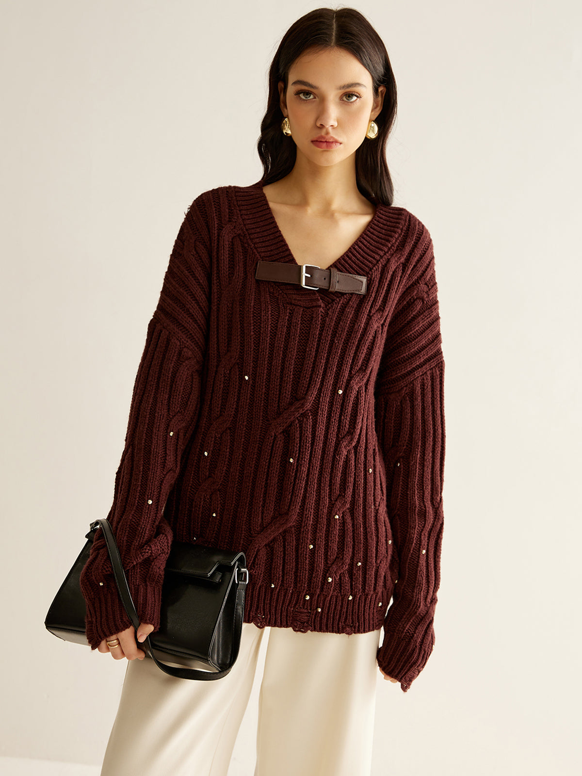Jersey Oversize Con Cuello En V, Sarga Y Perlas Para Adultos | Ideal Para Uso Diario Informal