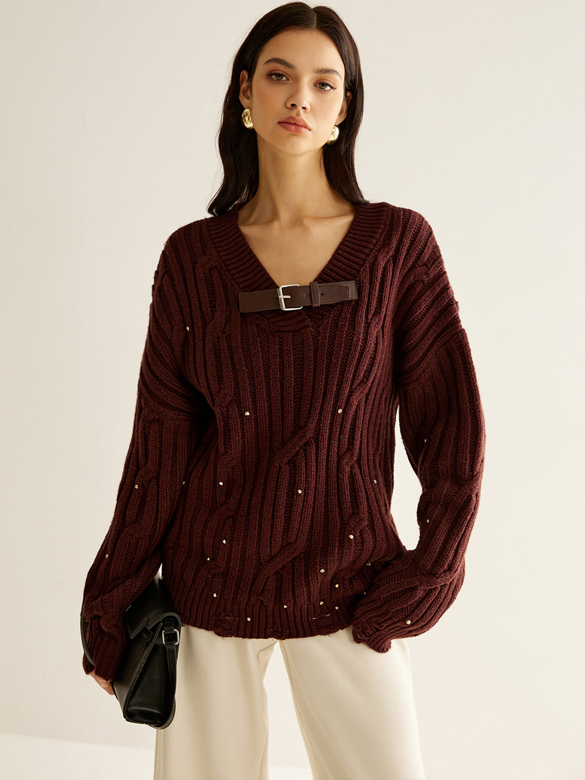 Jersey Oversize Con Cuello En V, Sarga Y Perlas Para Adultos | Ideal Para Uso Diario Informal