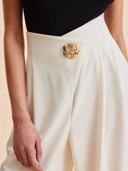Pantalon Palazzo Avec Taille Haute Et Bouton Ornemental Pour Femme | Idéal Pour Sorties Et Événements