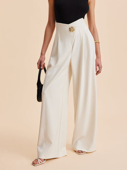 Pantalon Palazzo Avec Taille Haute Et Bouton Ornemental Pour Femme | Idéal Pour Sorties Et Événements