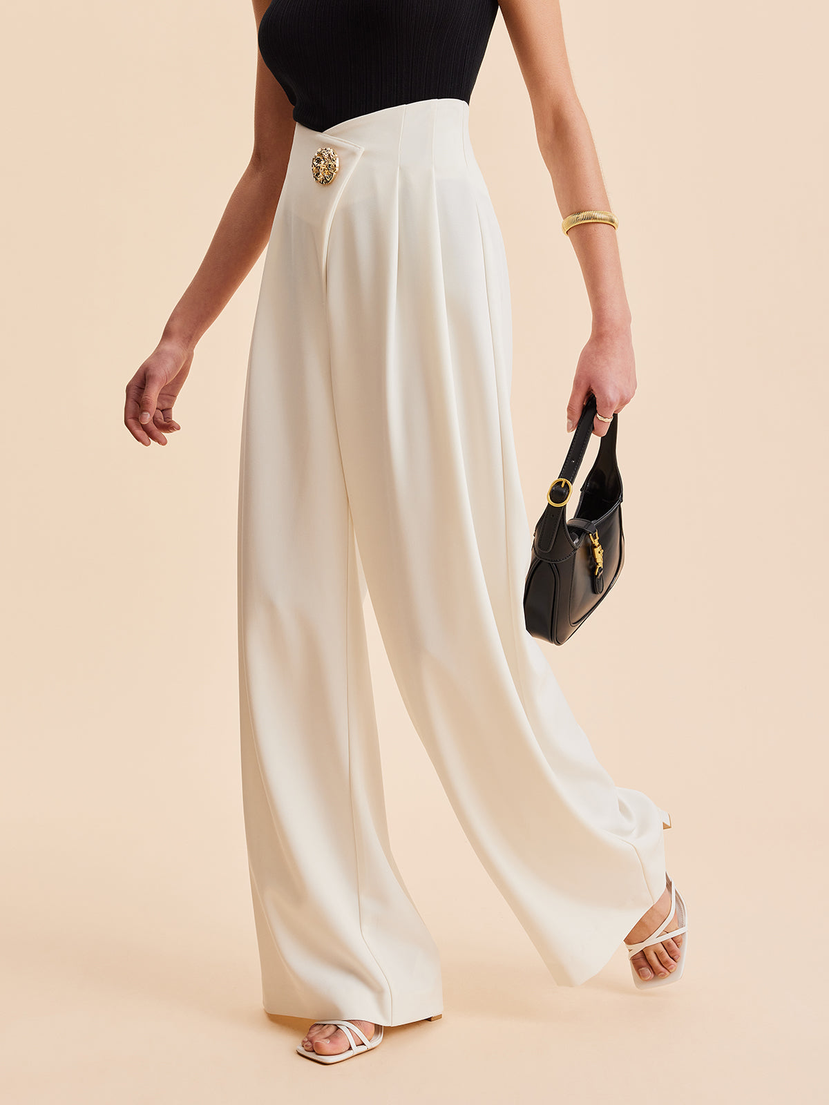 Pantalon Palazzo Avec Taille Haute Et Bouton Ornemental Pour Femme | Idéal Pour Sorties Et Événements
