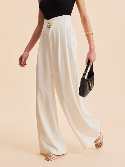 Pantalon Palazzo Avec Taille Haute Et Bouton Ornemental Pour Femme | Idéal Pour Sorties Et Événements