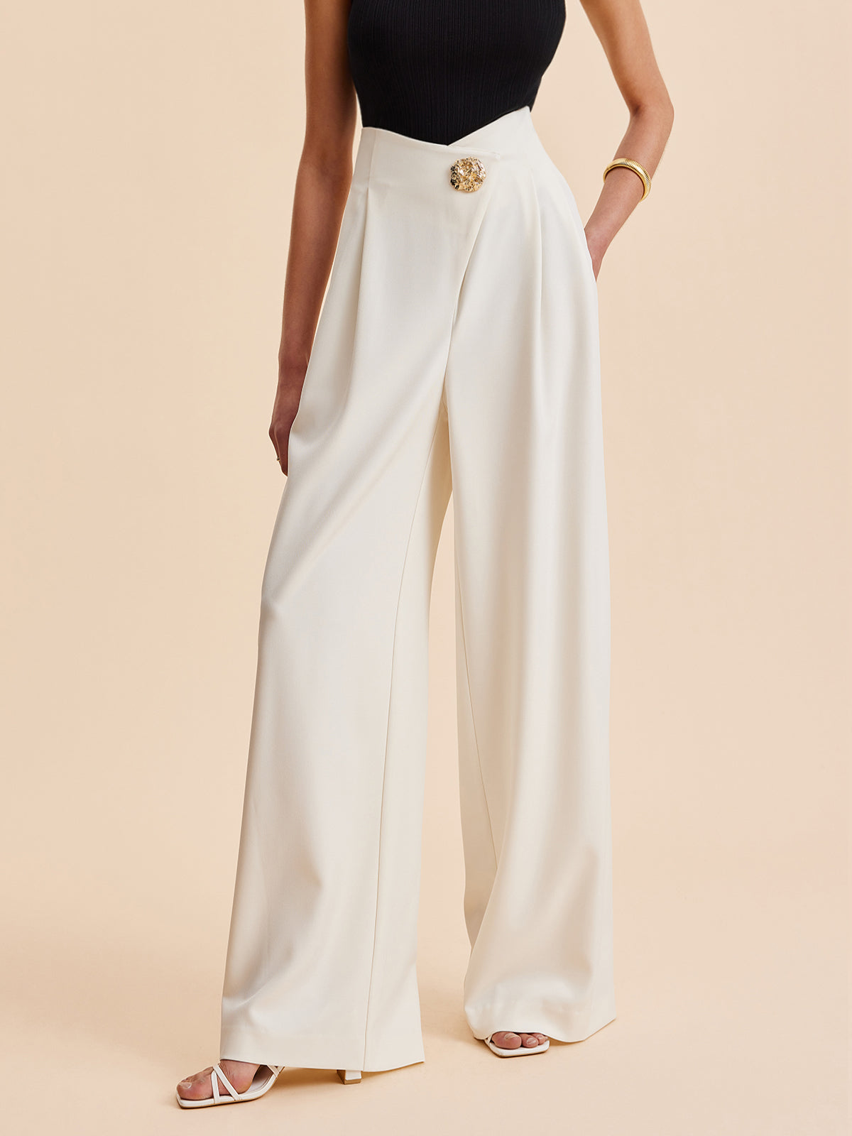 Pantalon Palazzo Avec Taille Haute Et Bouton Ornemental Pour Femme | Idéal Pour Sorties Et Événements