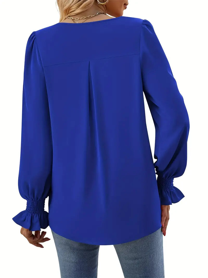 Blusa Con Escote En V Y Mangas Abullonadas Para Mujer | Ideal Para Uso Diario Y Ocasiones Semi-Formales