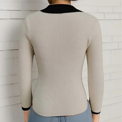Jersey De Manga Larga Con Textura Acanalada Y Cuello En V Contrastante Para Mujer | Ideal Para Uso Diario Y Semi-Profesional
