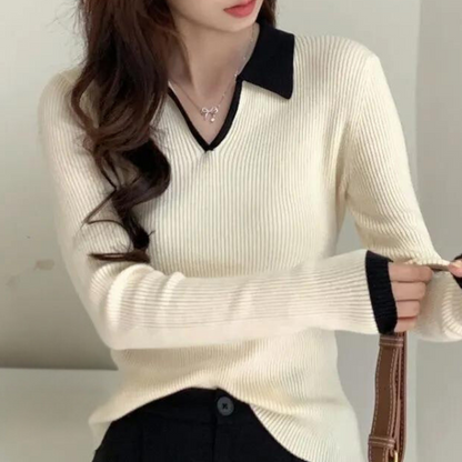 Jersey De Manga Larga Con Textura Acanalada Y Cuello En V Contrastante Para Mujer | Ideal Para Uso Diario Y Semi-Profesional
