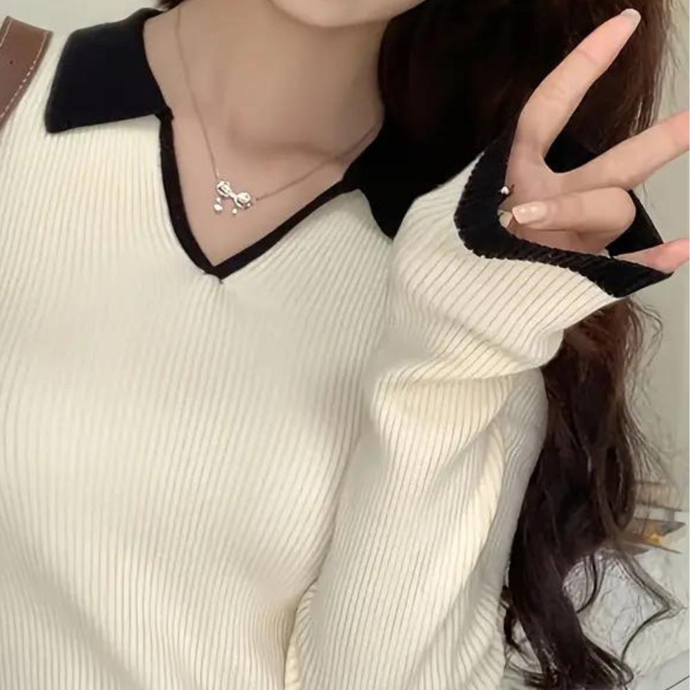 Jersey De Manga Larga Con Textura Acanalada Y Cuello En V Contrastante Para Mujer | Ideal Para Uso Diario Y Semi-Profesional