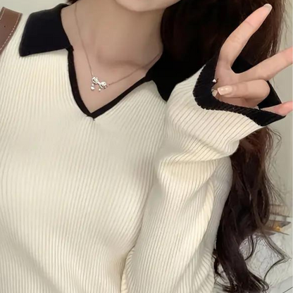 Jersey De Manga Larga Con Textura Acanalada Y Cuello En V Contrastante Para Mujer | Ideal Para Uso Diario Y Semi-Profesional