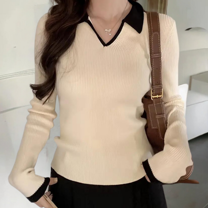 Jersey De Manga Larga Con Textura Acanalada Y Cuello En V Contrastante Para Mujer | Ideal Para Uso Diario Y Semi-Profesional